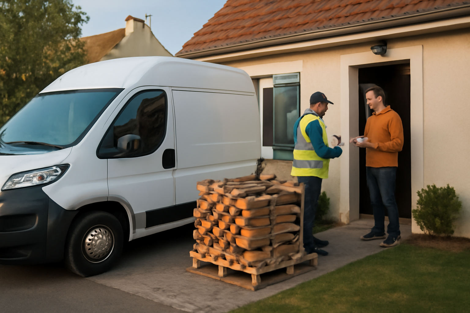 bois de chauffage autour de moi : bûches prêtes à l’emploi devant un camion de livraison, France