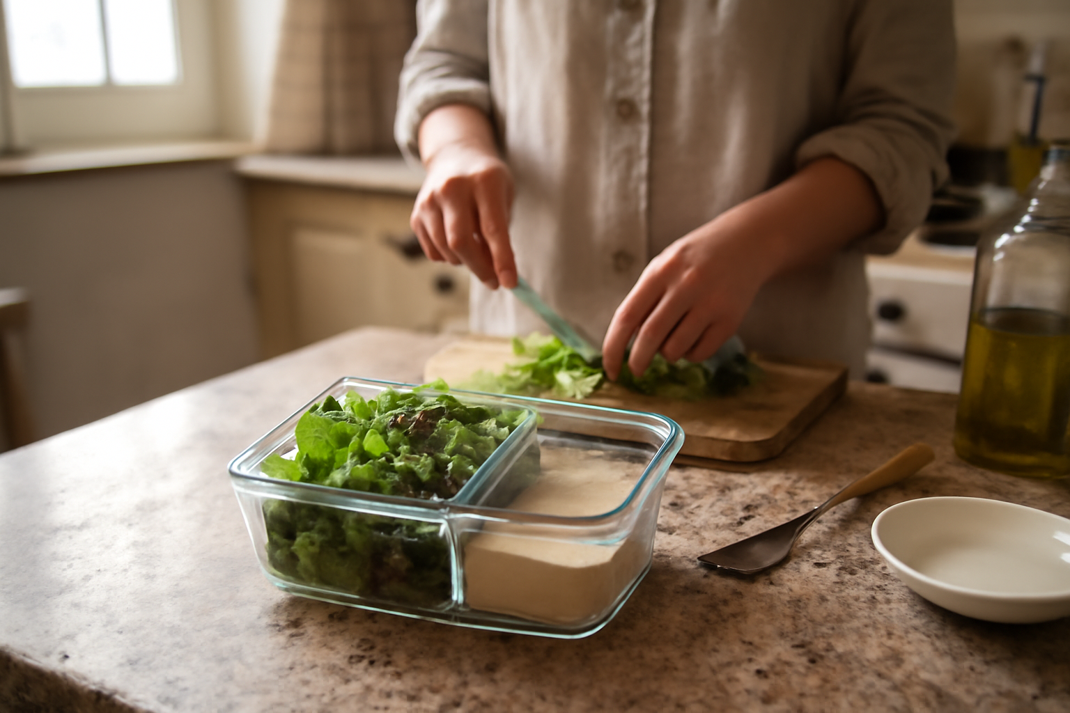 Boîte repas compartimentée hermétique avec sauce séparée sur une table de cuisine, lumière naturelle