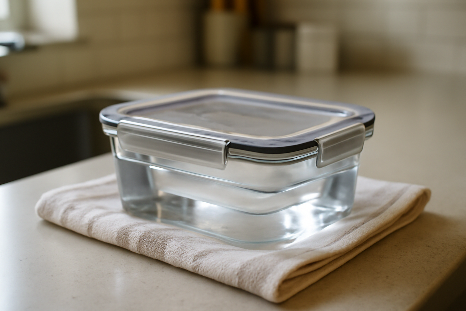Test d’anti-fuite : boîte repas fermée remplie d’eau froide sur un plan de travail