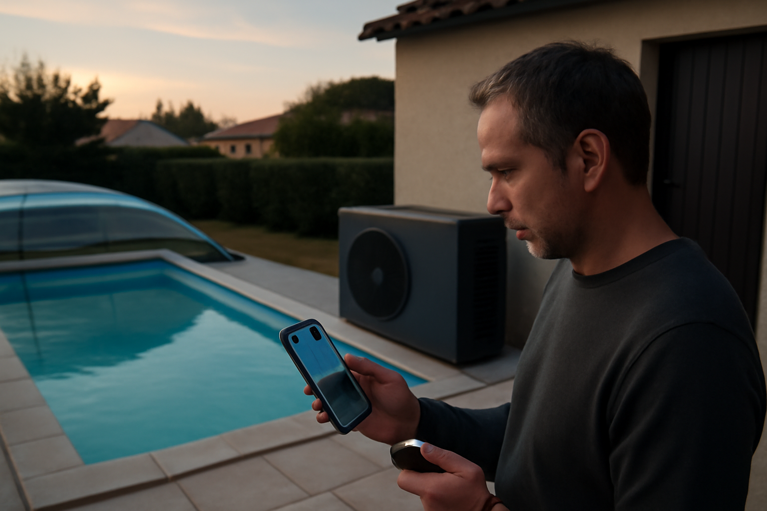 Pompe à chaleur de piscine et thermostat connecté affichant une consigne sur un écran