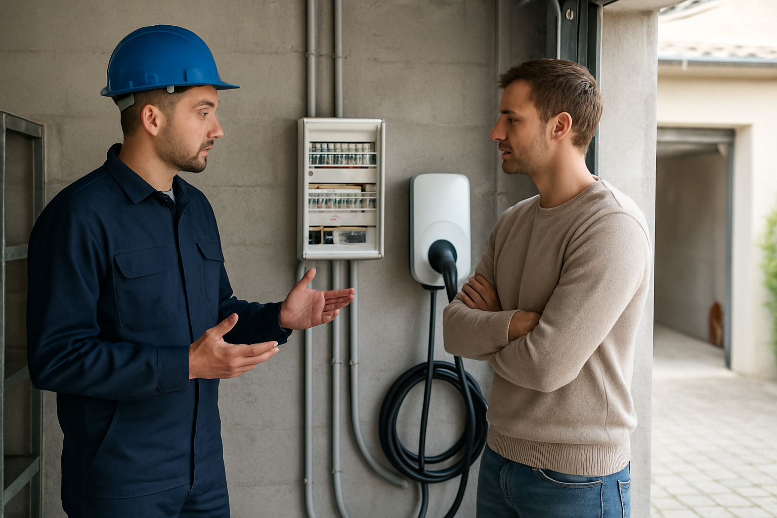 Installation d’une borne de recharge murale à côté d’un tableau électrique dans un garage résidentiel, éclairage naturel