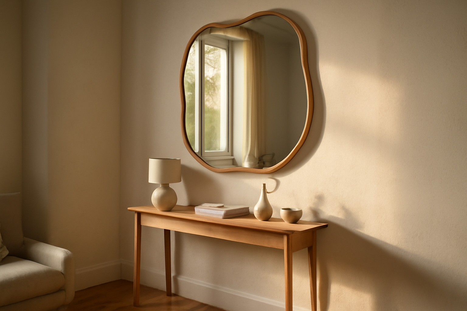 Miroir organique aux courbes douces accroché au mur, lumière naturelle dans un salon contemporain