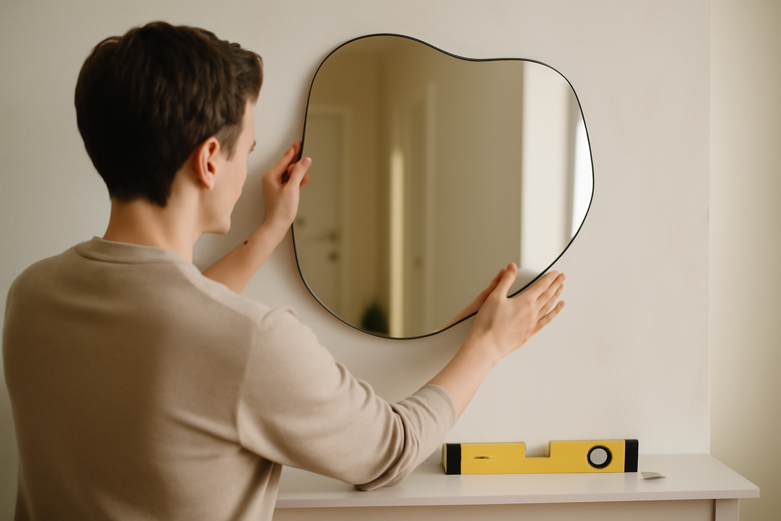Pose d’un miroir organique mural avec platine et niveau à bulle, installation soignée dans une entrée