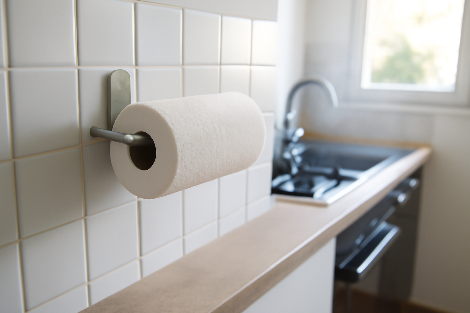Support pour sopalin en inox fixé au mur près d’une zone de préparation, cuisine lumineuse